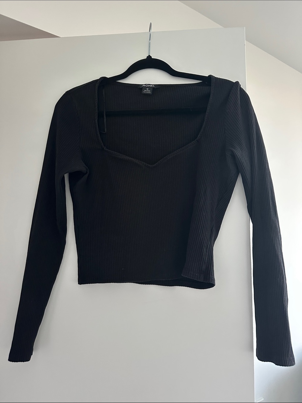 Monki Black Ribbed Long Sleeve Square Neck Top with Subtle Distressed Trim